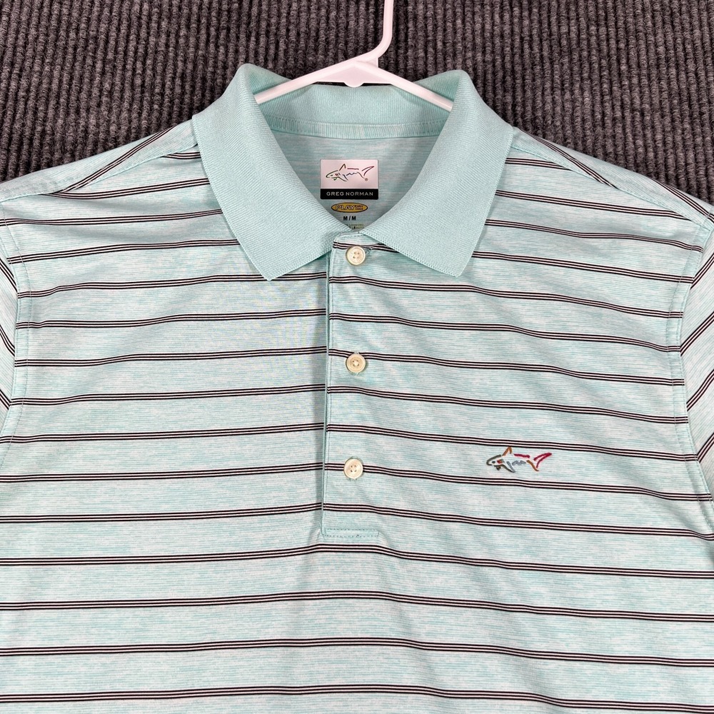 Greg Norman Polo‎ Shirt Mens Medium Green Striped Short Sleeve Golf Casual